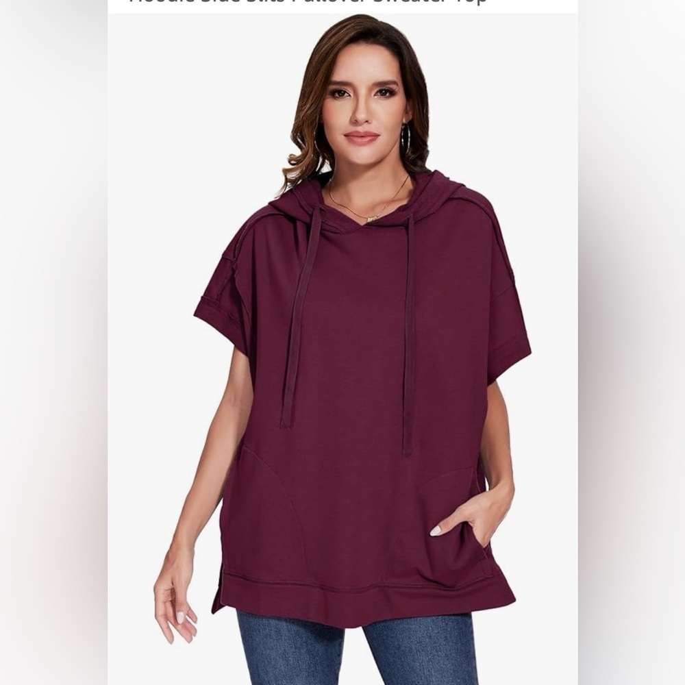Hyba XXL Burgundy Pullover Hooded Cap Sleeve Top - Picture 11 of 11